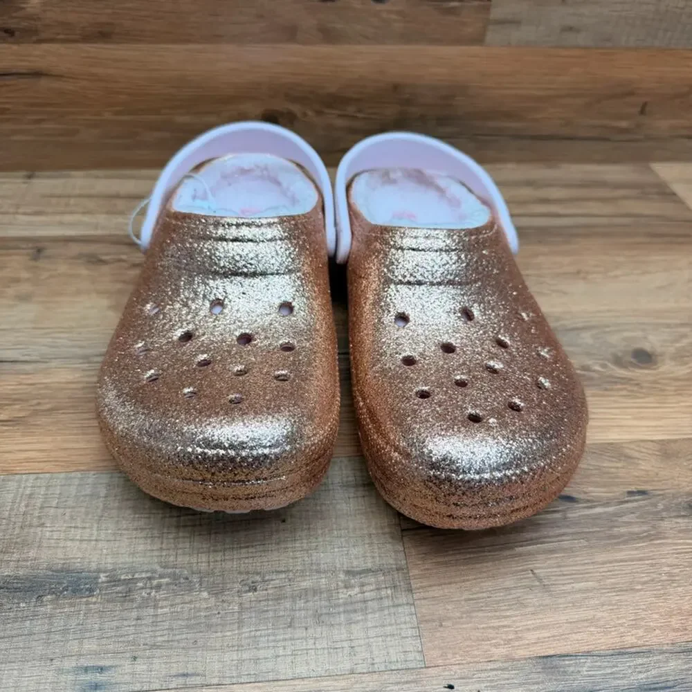 Crocs Girls Size J6 Classic Glitter Lined Clog Gold/Pink